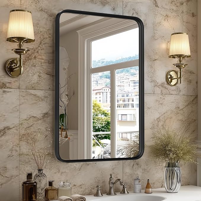 Sweetcrispy Bathroom Mirror 30x22 Inch Black Metal Framed Rounded Rectangle Vanity Mirror for Wall, Over Sink, Farmhouse, Restroom, Anti-Rust, Modern Decorative, Horizontal or Vertical Hanging