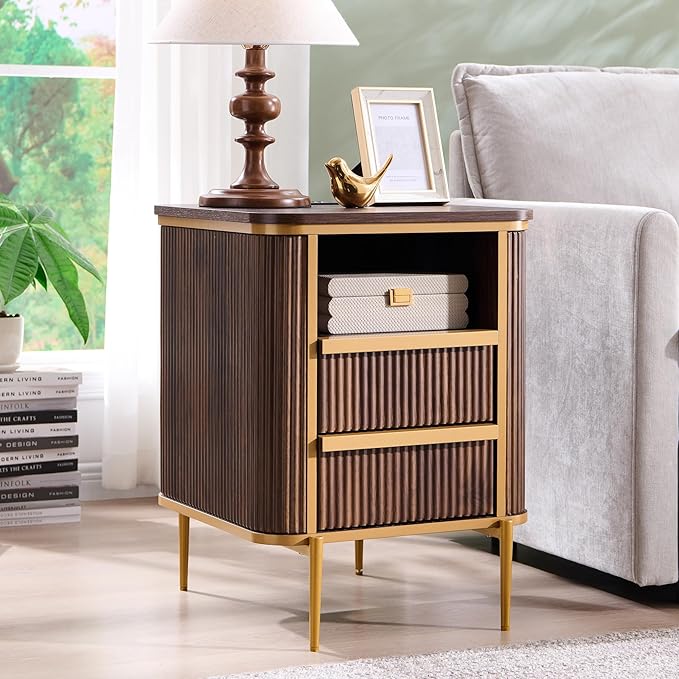 OKD Modern Chic Fluted Nightstand Set of 2 Luxury with Charging Station, End Table/Bed Side Table w/2 Drawers, Faux Marble Tabletop, Gold Metal Decor, Curved Edge Design, Dark Walnut