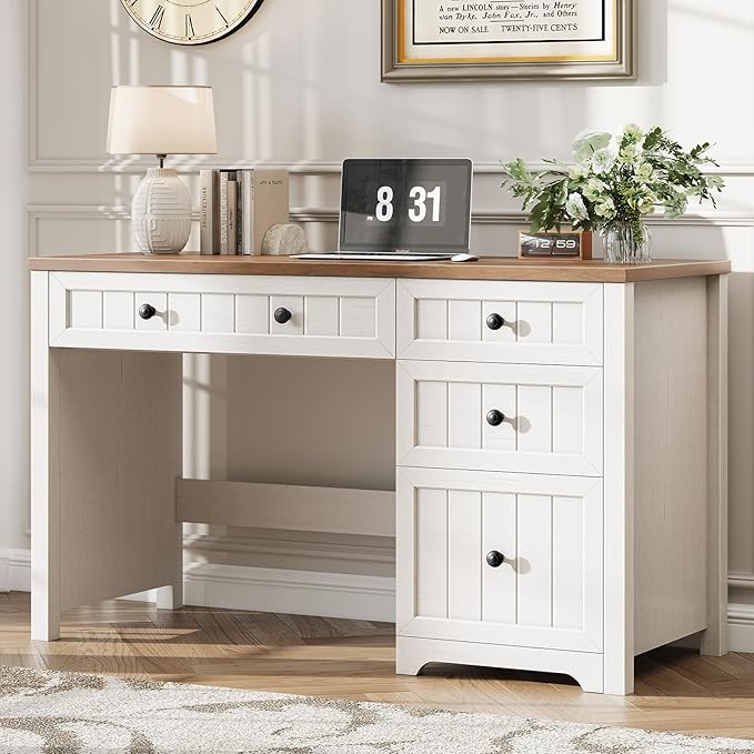 Vabches Farmhouse Executive Desk with 4 Drawers, Home Office Desk with File Drawer, Wood Computer Desk with Storage, Rustic Office Desk for Work Study Writing, Brown White