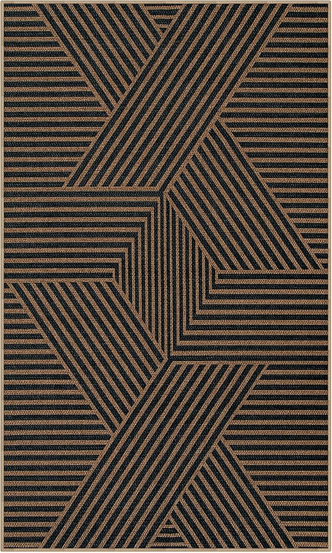 Lahome Enfys Modern Geometric Outdoor Easy Jute Rug, 3x5 Indoor Outdoor Rugs for Living Room Black Entryway Carpet, Farmhouse Washable Non Slip Carpet for Patio Courtyard Bedroom