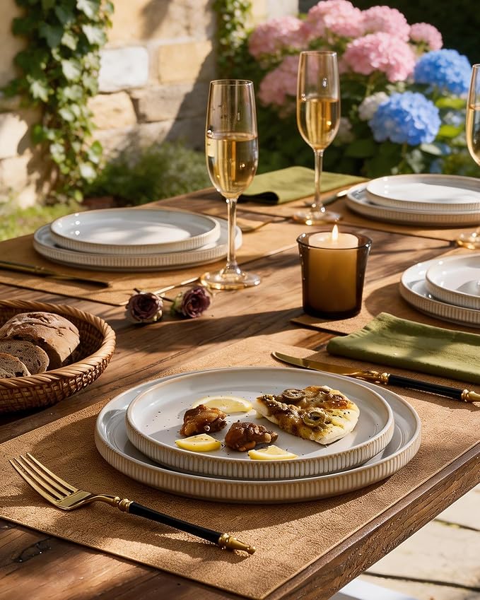 8-Piece Dinner/Salad Plates Set for 4, Cappuccino White | Chip & scratch resistant stoneware dinnerware. Microwave & dishwasher safe. Handcrafted reactive glaze. For daily & serving.