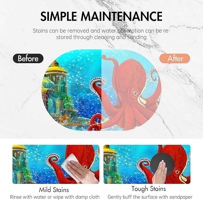 Bathroom Rug Mat Cartoon Underwater Octopus Kingdom Oval Bath Mat Doormat Absorbent Quick Dry Non Slip Diatom Mud Mat for Shower Tub Sink Laundry Kitchen Doorway 23.6x15.7 Inches