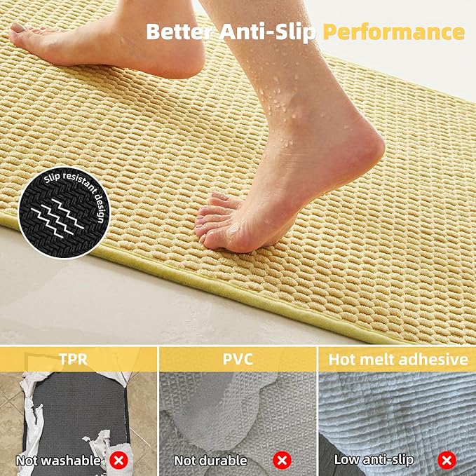 Bathroom Rugs Non Slip Washable, Super Absorbent Thin Bath Mat Quick Dry Low Pile Bathroom Rug, Yellow 24"x36"