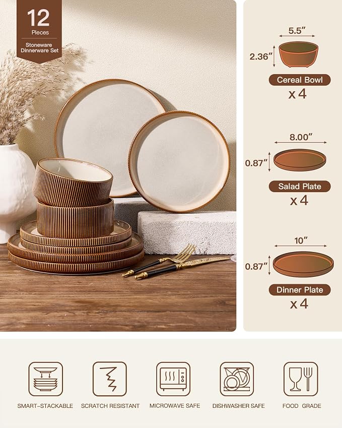 Stoneware Dinnerware Sets, Handcrafted Double Reactive Glaze Plates and Bowls for Everyday & Formal Dining, Microwave & Dishwasher Safe, Scratch Resistant Dishes Service for 4 (12-Piece), Cream Cocoa