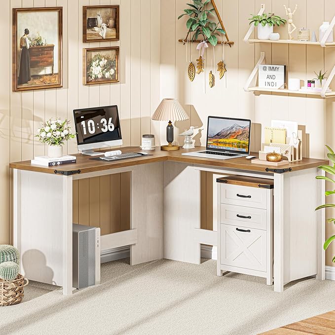 Vabches Farmhouse 50.39" L Shaped Executive Desk, Wood Corner Computer Desk for Home Office Work and Study, Sturdy Writing Workstation, Unique White