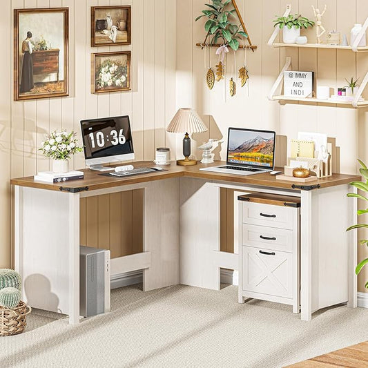 Vabches Farmhouse 50.39" L Shaped Executive Desk, Wood Corner Computer Desk for Home Office Work and Study, Sturdy Writing Workstation, Unique White