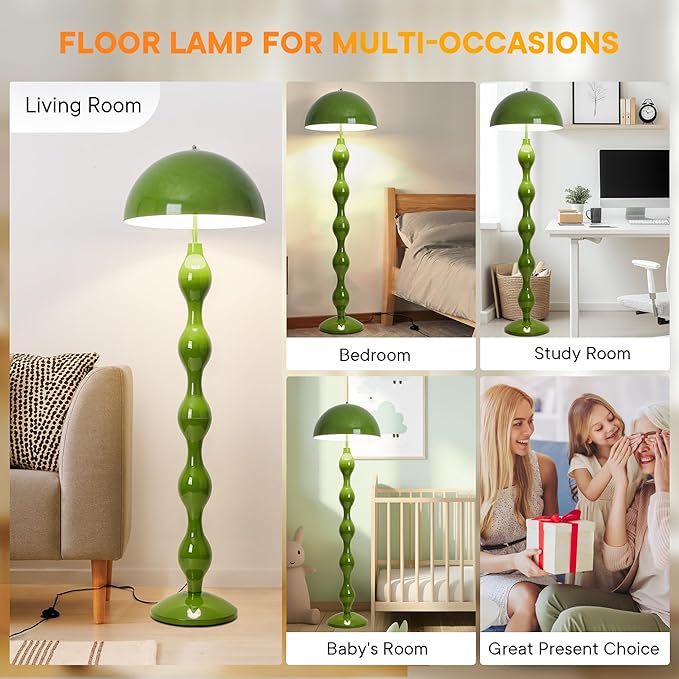 Unique Floor Lamp Creative Green Mushroom Lamp Standing Lamp with 45CM Wide Iron Shade and Foot Switch Modern Floor Light for Living Room, Bedroom, Office, Corner