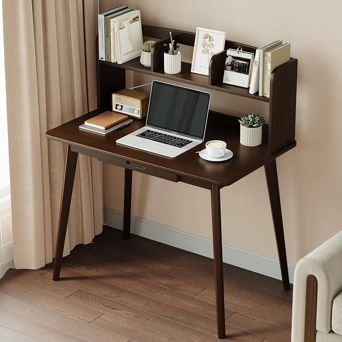 IOTXY Small Writing Desk with Hutch - 39.4" Work Computer Study Table with Drawer for Home and Office, Black Walnut