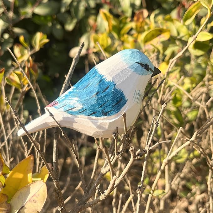 H&Zebrabro Hand Carved Bird Figurines, Hand-Painted Sculpted Wooden Birds, Wood Bird Sculptures for Home Decoration, Hand Crafted Life Like Bird Statues, Ideal Gifts for Bird Lovers (Azure Tit)