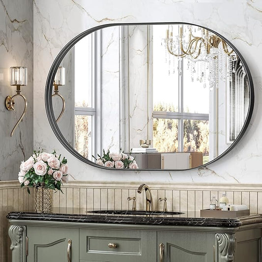 Brightify Black Oval Mirror for Wall 30x42 Inch, Metal Framed Bathroom Vanity Mirrors, Modern Pill Mirror for Bedroom Living Room Wall Decorative Hang Vertical and Horizontal