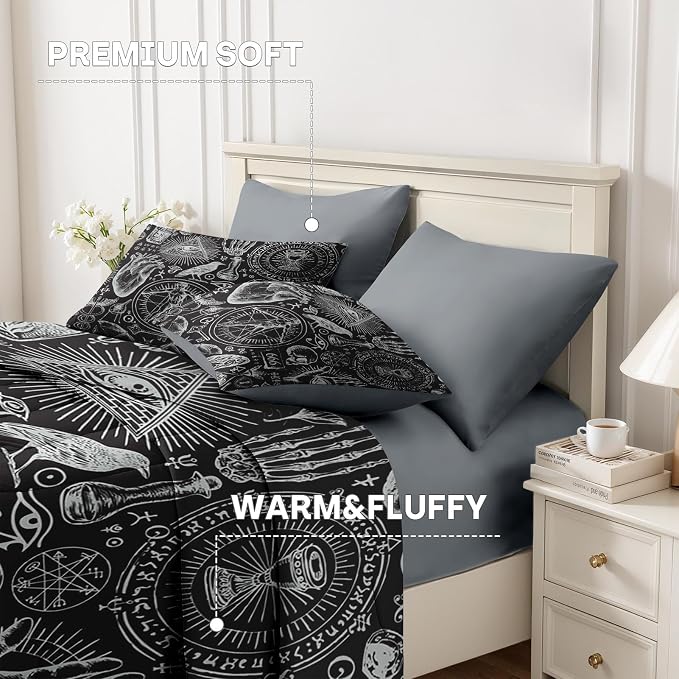 Nesker Comforter Set Twin Size, Vintage Bat Skull 5 Pcs Bedding for Kids and Adults, Retro Medieval Halloween Bed Sheet Sets with Fitted Sheet Pillowcase & Sham