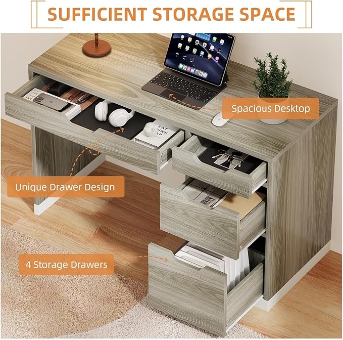 47" Computer Desk with Drawers, Small Home Office Desk with Storage, Wood Desk for Small Space, Office, Study, Walnut