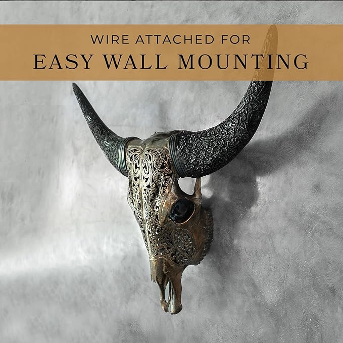 Skull Bliss - Hand-Carved Real Authentic Taxidermy Cow Skull/Bull Skull Wall Decor with Horns/Real Animal Cow Skull Wall Decor (Hand-Carved Horns)