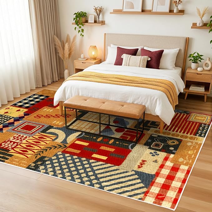 6x9 Abstract Tribal Patchwork Area Rug, Boho Patchwork Colorful Rugs for Living Room, Modern Memphis-Inspired Throw Carpet, Washable Non-Slip Low Pile Rug for Dining Room Office Bedroom Dining Room