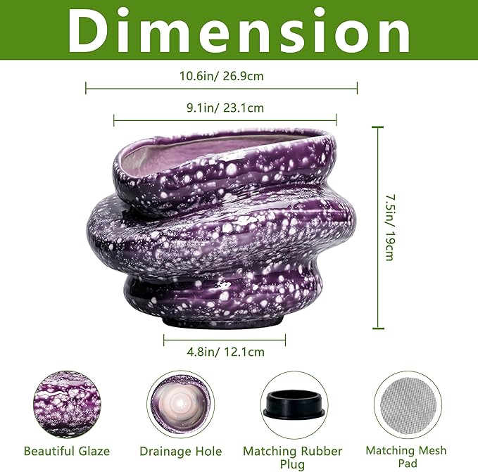Ceramic Pots for Plants - 10.6 Inch Ceramic Plant Pots Indoor with Drainage Hole, Unique Planters for Indoor Outdoor Plants, Decorative Planter, Garden Room Decor, Housewarming Gifts, Purple