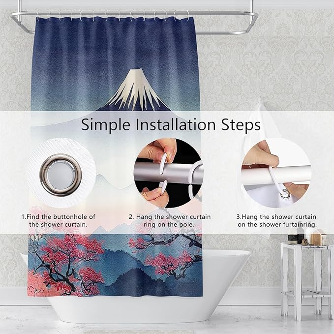 Mount Fuji Shower Curtain Japan Famous Landscape Cherry Flower Mountains Abstract Scenery Shower Curtains for Bathroom Accessories Waterproof Polyester Fabric with Hooks, 72 x 84 Inch