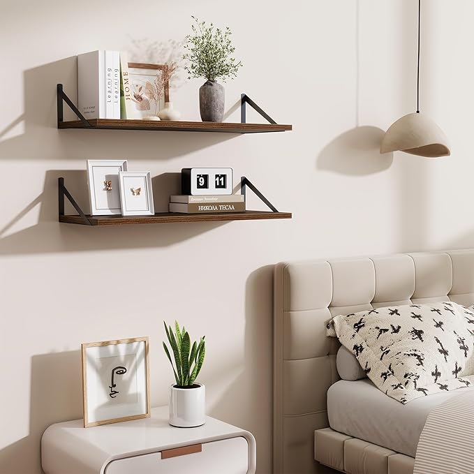 Deep Floating Shelves for Wall,30" Wx10 D Wood Floating Shelf Set of 2,Sturdy Metal Bracket Wide Display & Storage,Wall Mounted Hanging Floating Shelves for Living Room,Bedroom,Kitchen,Walnut