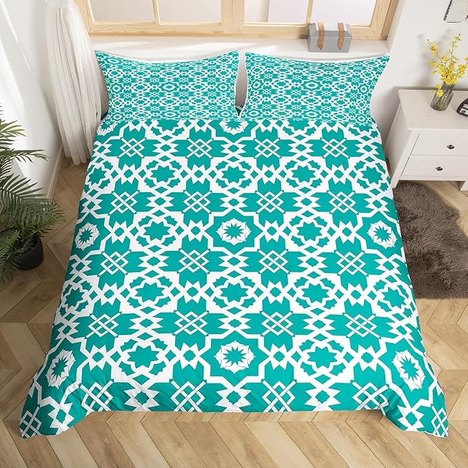 Turquoise Geometric Floral Duvet Cover Queen for Kids Teens Adults,Elegant Retro Floral Comforter Cover,Abstract Flower Art Bedding Set,Modern Aesthetic Bed Set with 2 Pillowcases Bedroom Decor