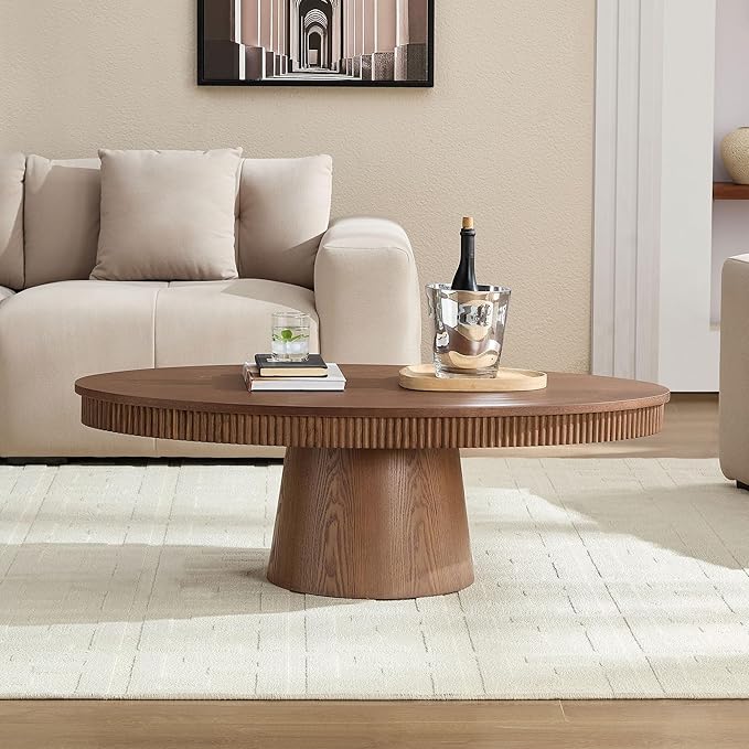 47.24" Oval Coffee Table Modern Handcraft Drum Center Table with Sturdy Pedestal for Living Room Apartment, Walnut