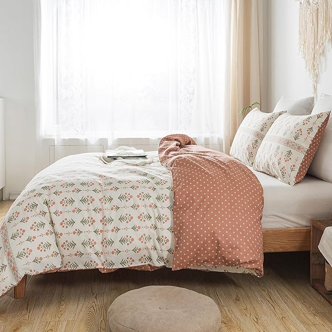 HoneiLife Floral Duvet Cover Twin - 100% Cotton Comforter Cover Wildflower Duvet Cover Sets, Botanical Duvet Cover with Zipper Closure & Corner Ties, 2-PCS Orange Comforter Cover Sets