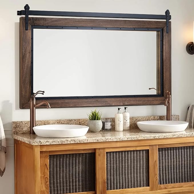 YOSHOOT Farmhouse Barn Door Mirror, 40"x26" Rustic Bathroom Mirrors, Wood Frame Wall Mounted-Mirror, for Living Room Bedroom Entryway Wall Décor, Horizontal Hanging ONLY