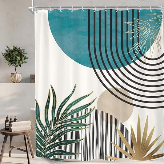 KOMLLEX Mid Century Boho Shower Curtain for Bathroom Decor Abstract Blue Modern Minimalist Grey Aesthetic Sun Arch Curve Leaves Geometric Neutral Fabric Waterproof Polyester 12 Pack Hook 60Wx72L