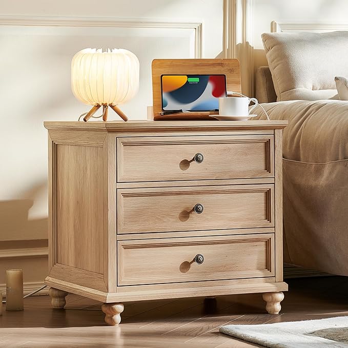 Farmhouse Nightstand with Charging Station, 24" Wide End Table with 3 Drawers,Natural Wood Dresser Cabinet for Bedroom, Bed Side Table Chest of Drawers,Night Stand for Living Room, Closet