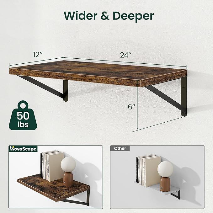 Floating Shelves, 12 Inch Deep Rustic Wood Wall Storage, 24W x 12D Wall Shelves Set of 2, Heavy Duty Metal Brackets, Large Industrial Book Shelf for Living Room, Kitchen, Bedroom, Brown
