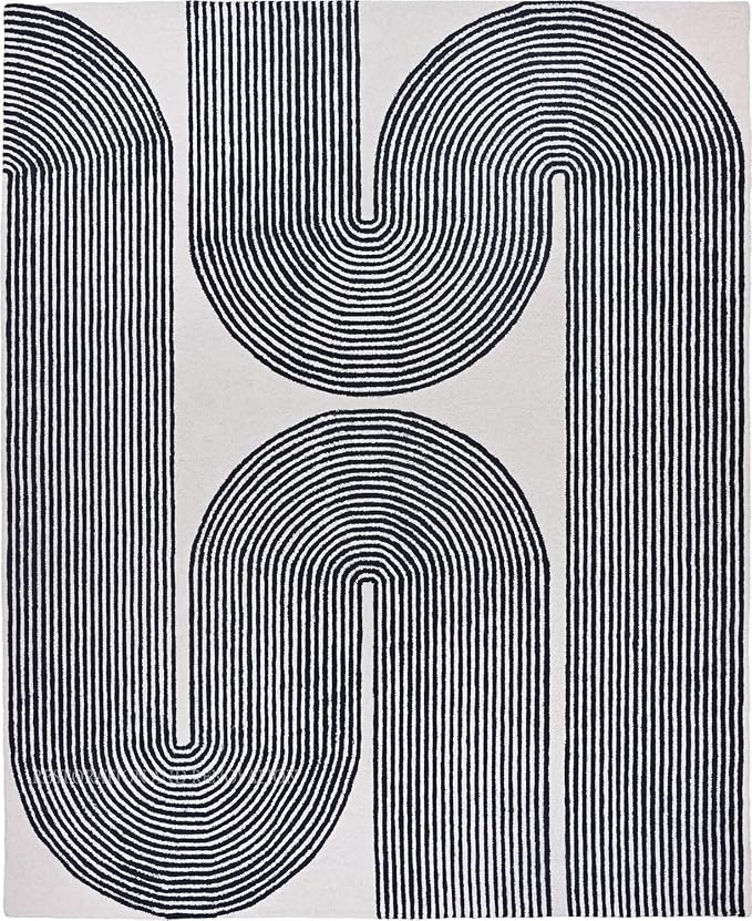 Modern Handmade Wool Area Rug, Abstract Curved Line Geometric Carpet for Living Room Bedroom, Contemporary Tufted Indoor Rug with Soft Pile and Cotton Backing (Ink, 6' x 8')