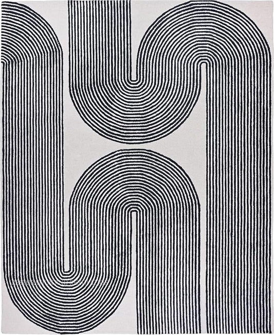 Modern Handmade Wool Area Rug, Abstract Curved Line Geometric Carpet for Living Room Bedroom, Contemporary Tufted Indoor Rug with Soft Pile and Cotton Backing (Ink, 5' x 7')