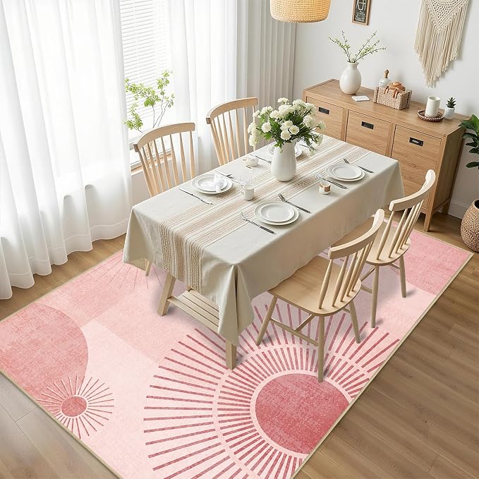 Sun Rug 3x5 for Living Room Mid Century Modern Area Rugs Machine Washable Boho Geometric Rug Non Slip Printed Low Pile Indoor Floor Carpet for Kitchen Bathroom Bedroom,Pink