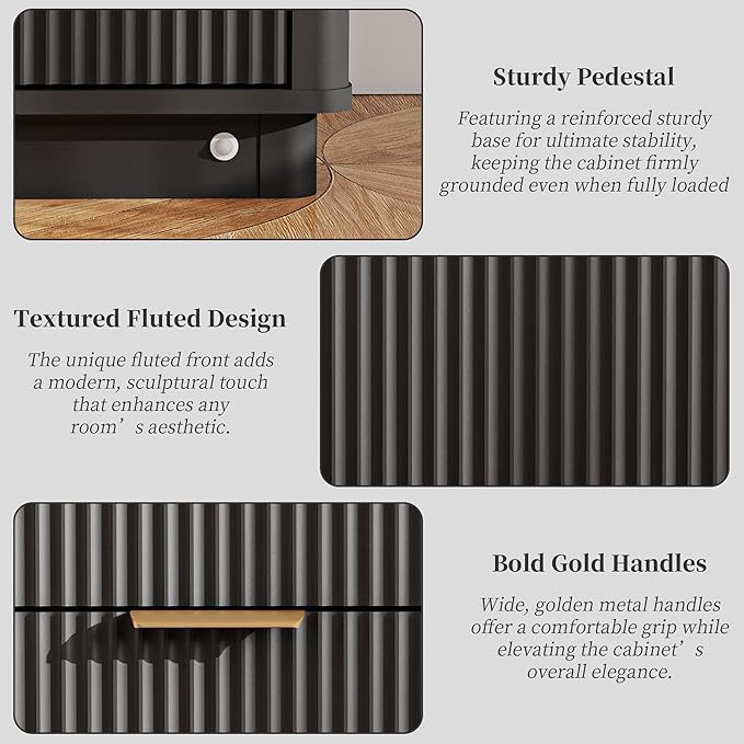 Fluted Dresser for Bedroom with 6 Drawers, 54" Wide Modern Chest of Drawers with Lighting, Wooden Dresser TV Stand with Curved Edges, Closet Organizer for Living Room, Hallway, Black