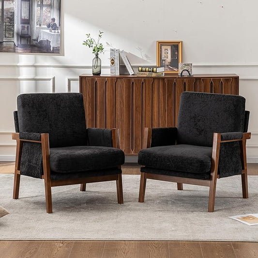 Mid Century Modern Accent Chair with Wood Frame, Upholstered Living Room Chairs with Wide Armrest, Chenille Fabric Comfy Arm Chair for Bedroom, Reading Room, Balcony (2, Black)