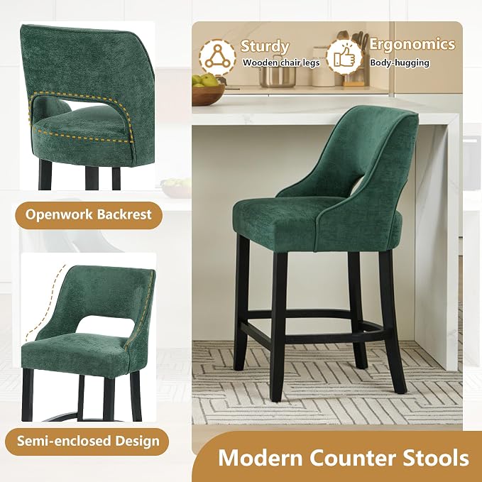 ClinQ Bar Stools Set of 6, 26" H Counter Height Bar Stools with Backs, Modern Upholstered Accent Barstools with Curved Footrest for Kitchen Island, Dining Room and Bar, Green-Black Legs