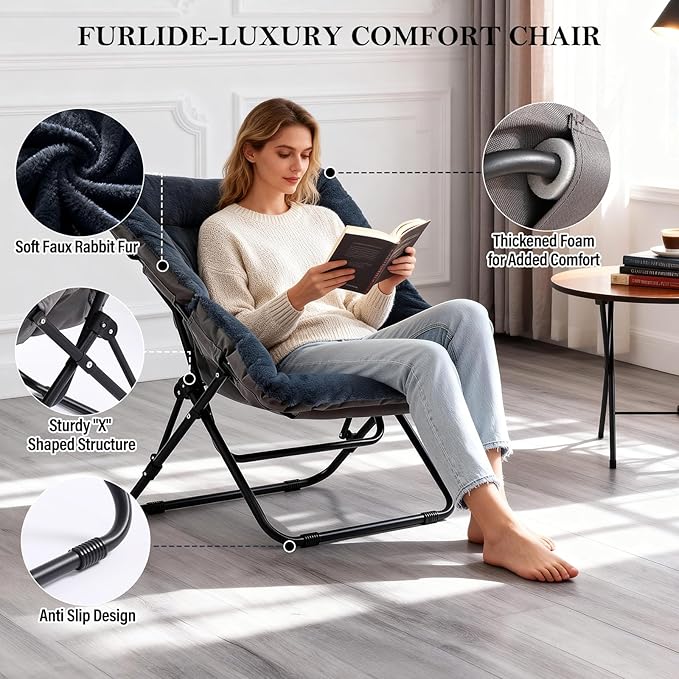 Furlide Saucer Chair, Comfy Doorm Chairs, Oversized Folding Faux Fur Chair, Foldable Metal Frame Chair, for Bedroom, Living Room, Balcony, Study, Playroom (Navy Blue)