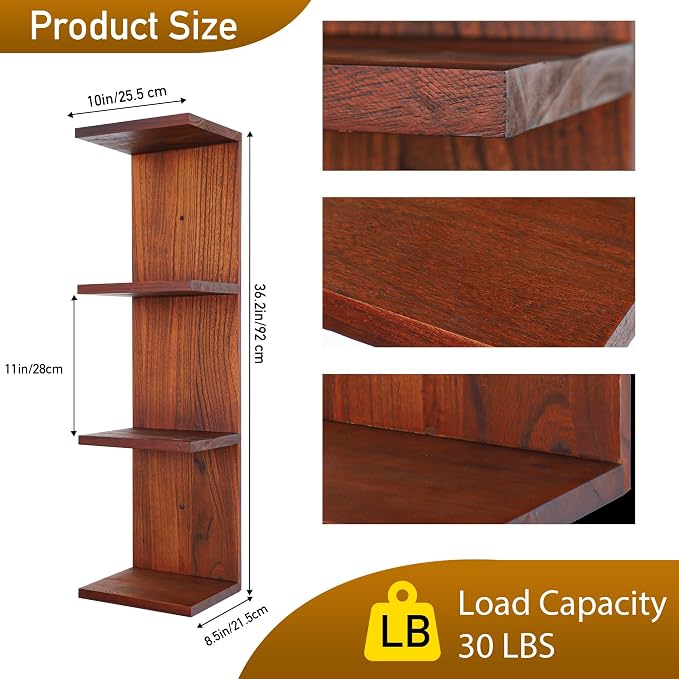 4 Tier Wall Shelf Unit,Vertical Column Floating Storage Home Decor Organizer,Walnut Lack Wall Shelf for Bedroom,Living Room,Office Decor(2 Pack)