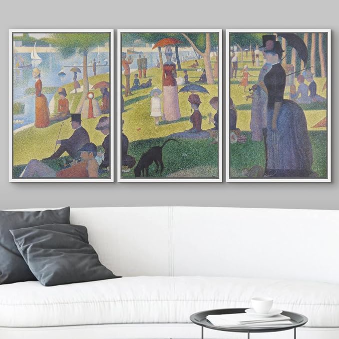 wall26 Framed Canvas Print Wall Art Set La Grande Jatte by Georges Seurat Cultural Historic Oil Painting Fine Art Reproduction Scenic Colorful for Living Room, Bedroom, Office - 24"x36"x3 White
