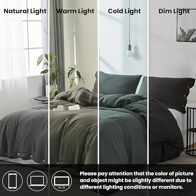 Simple&Opulence 100% Linen Duvet Cover Set 3pcs with Coconut Button Closure Natural French Washed Flax Solid Color Soft Breathable Farmhouse Bedding - Dark Grey, King Size