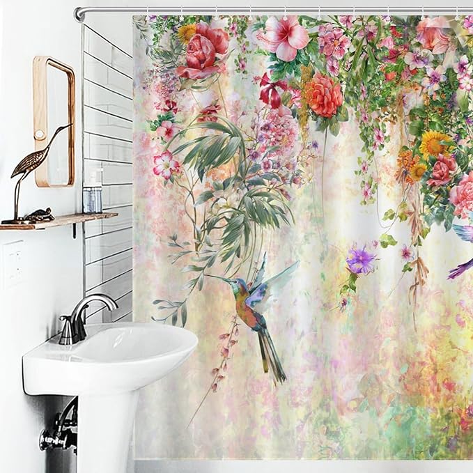 Watercolor Flowers Hummingbird Shower Curtain,Watercolor Floral with Tropical Flower Bird Butterfly Spring And Summer Waterproof Shower Curtains for Bathroom Decor 12 Pack Hooks 66x72in（168x183cm）