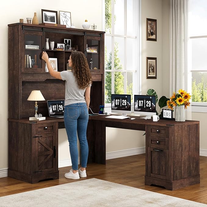 Squireewo 68.9'' Farmhouse L Shaped Desk with Hutch and Drawers, 76" High Wood Executive Home Office Desk with Charging Station, File Drawer and Cabinet, Computer Corner Desk with Sliding Doors, Brown