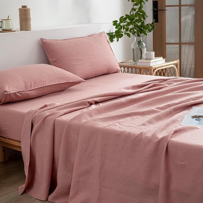 EVERLY Linen Sheets Set Full Size,100% French Stonewash Pure Linen Sheets Set,4Pieces (1Flat Sheet,1Fitted Sheet,2Pillowcase) Suitable for Hot Sleepers,Deep Pocket Natural Bedding Set-Pink