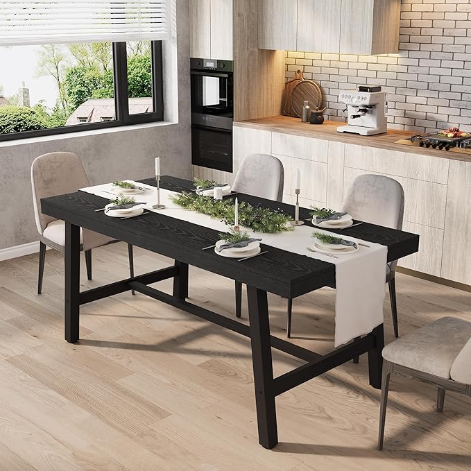 GarveeHome Industrial Dining Table for 4-6 People, 63" Long Wooden Kitchen Table with Sturdy Metal Frame & Black Finish - Seats 4 Rectangular Counter for Dinner, Kitchen, Dining Room - Black