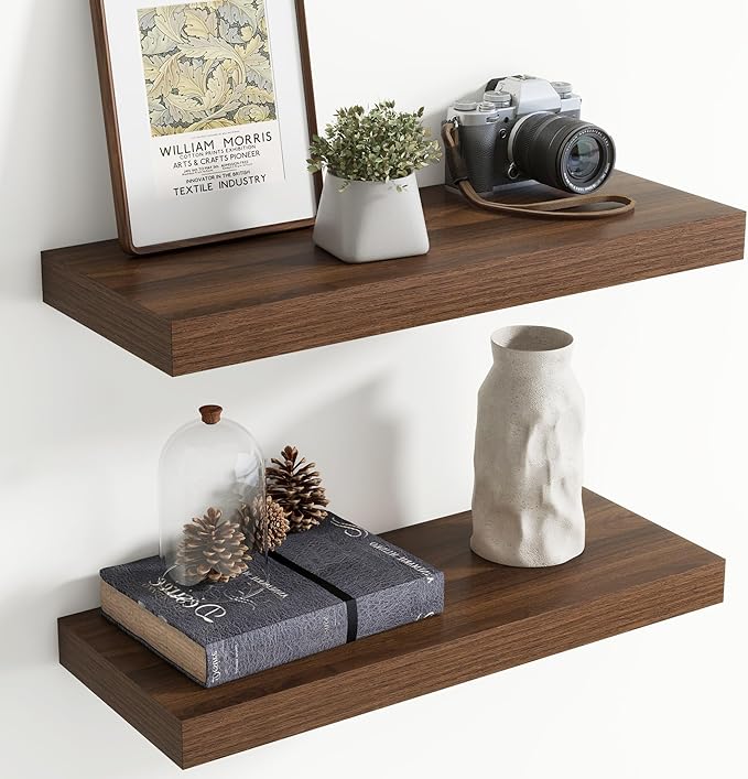 24 Inch Floating Shelves for Wall, 8 Inch Deep Floating Shelf for Storage & Display, Rustic Wall Mounted Shelf with Invisible Brackets for Living Room, Kitchen, Bathroom, Home Decor, Set of 2, Walnut