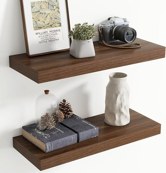 24 Inch Floating Shelves for Wall, 8 Inch Deep Floating Shelf for Storage & Display, Rustic Wall Mounted Shelf with Invisible Brackets for Living Room, Kitchen, Bathroom, Home Decor, Set of 2, Walnut