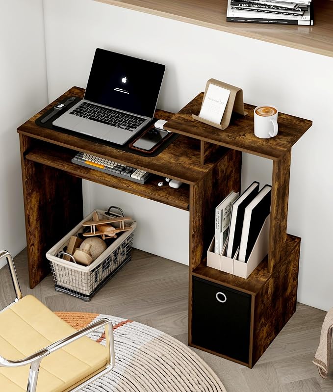 Small Computer Desk with Drawers, Wood Writing Desk with Storage Shelves for Home Office Bedroom Living Room, Walnut/Black