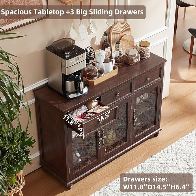 Farmhouse Sideboard Buffet Cabinet Set of 2 with Storage,48" Large Credenza with 3 Glass Doors & 3 Drawers,Adjustable Shelves Console Table,Wood Kitchen Coffee Bar for Dining Room,Walnut