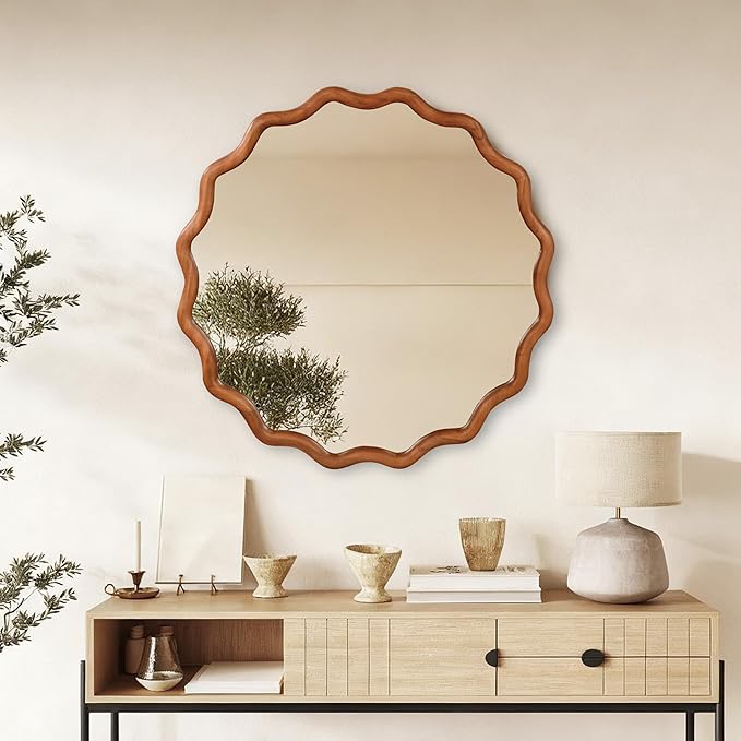 36 Inch Wooden Wavy Round Wall Mirror, Modern Solid Wood Frame Circle Decorative Accent Mirror for Bedroom, Bathroom, Living Room, Entryway, Yellowish Brown