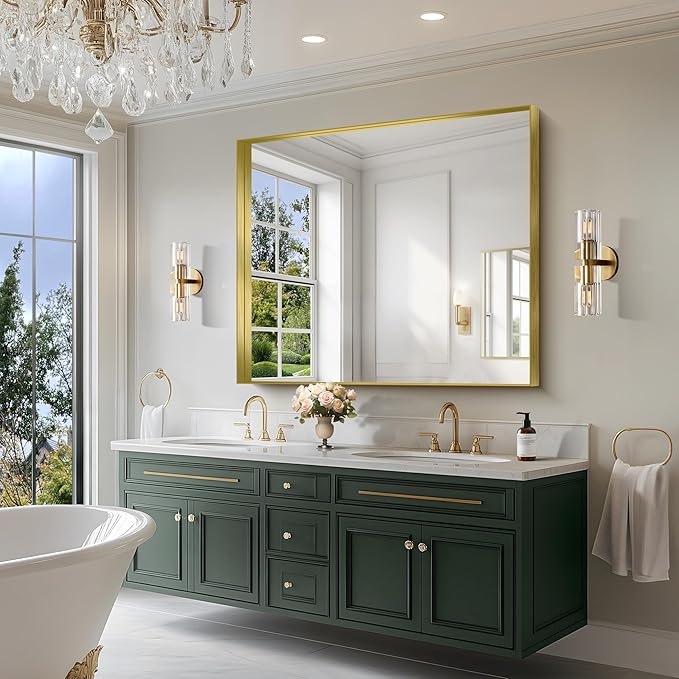 CIRCUMI Gold Bathroom Mirror, 40"x48" Rectangular Mirror with Deep Metal Frame, Brushed Finish, Tempered Glass, Large Mirror for Wall, Over 2 Sinks, Installed Vertically/Horizontally, Crystal-Clear