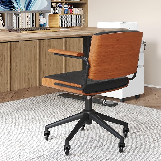 Ergonomic Office Chair with Rubber Wheels & Walnut Arms - PU Leather Mid-Back Desk Chair, Adjustable Height, Bentwood Backrest | Swivel Rocking Design for Home Office, Meeting Room, Study