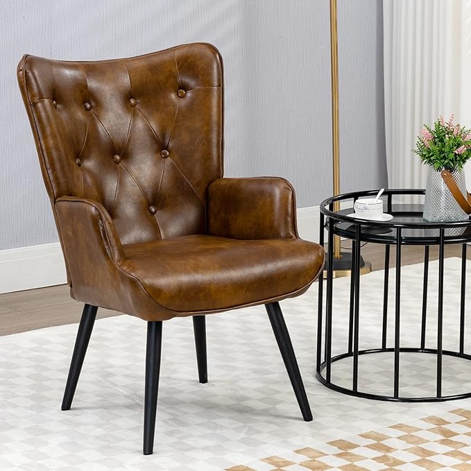 Furniliving PU Leather Accent Chair for Living Room, Upholstered Reading Chair with High Backrest, Tufted-Button Wingback Armchair for Bedroom, Dressing Room, Home Office, Brown
